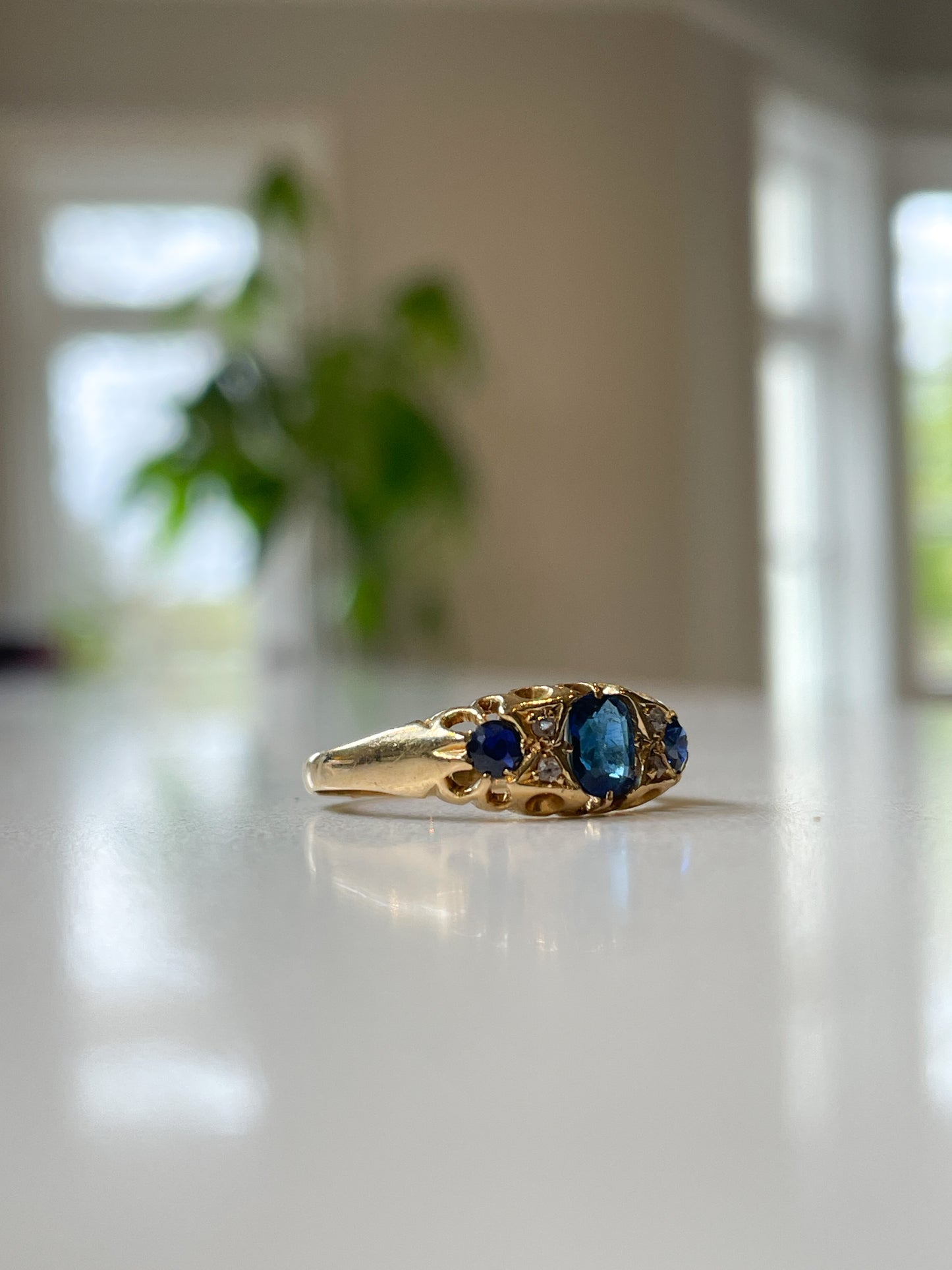 Antique sapphire and diamond boat ring dating to 1911