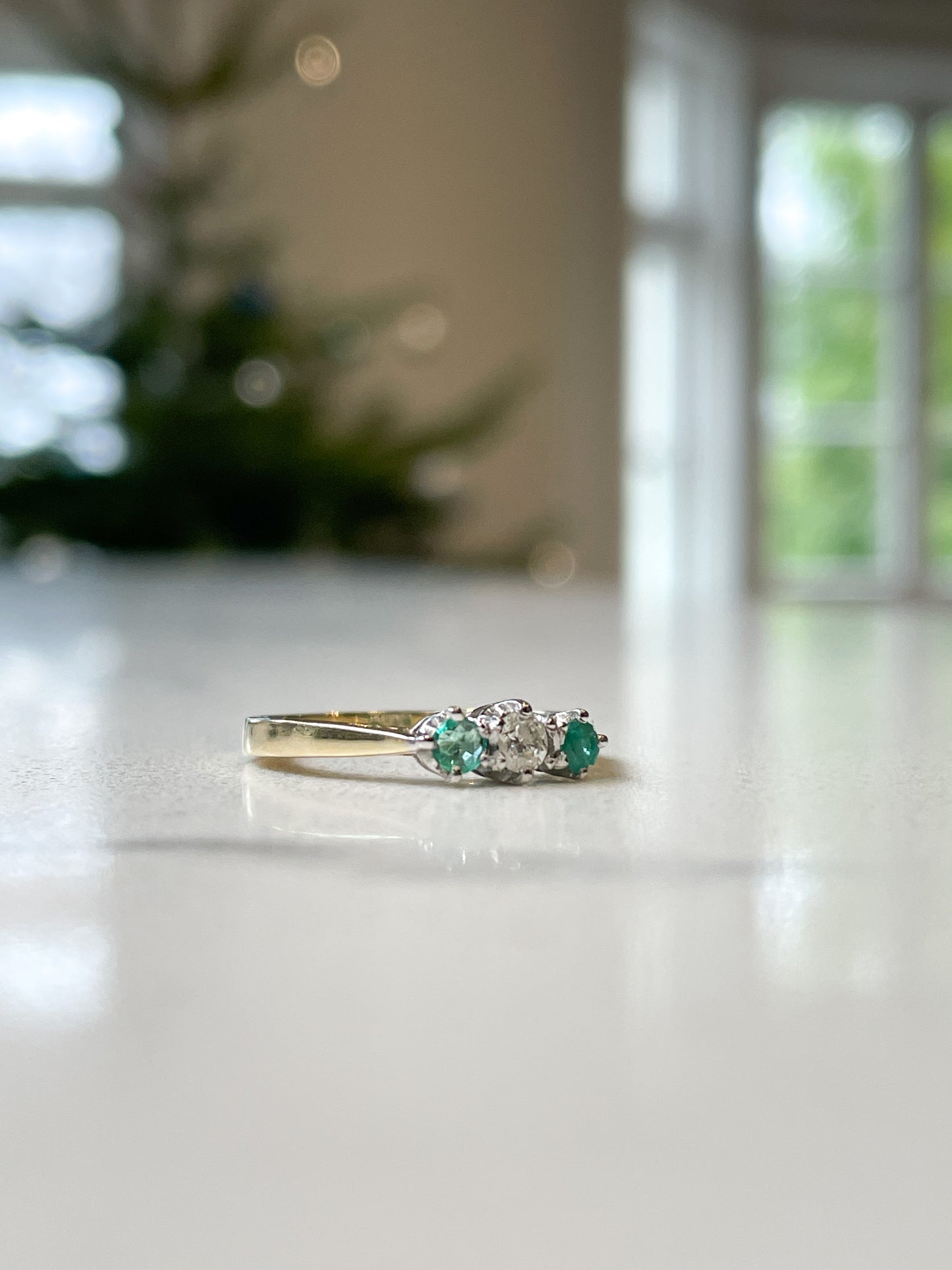 Vintage 9ct gold emerald and diamond trilogy