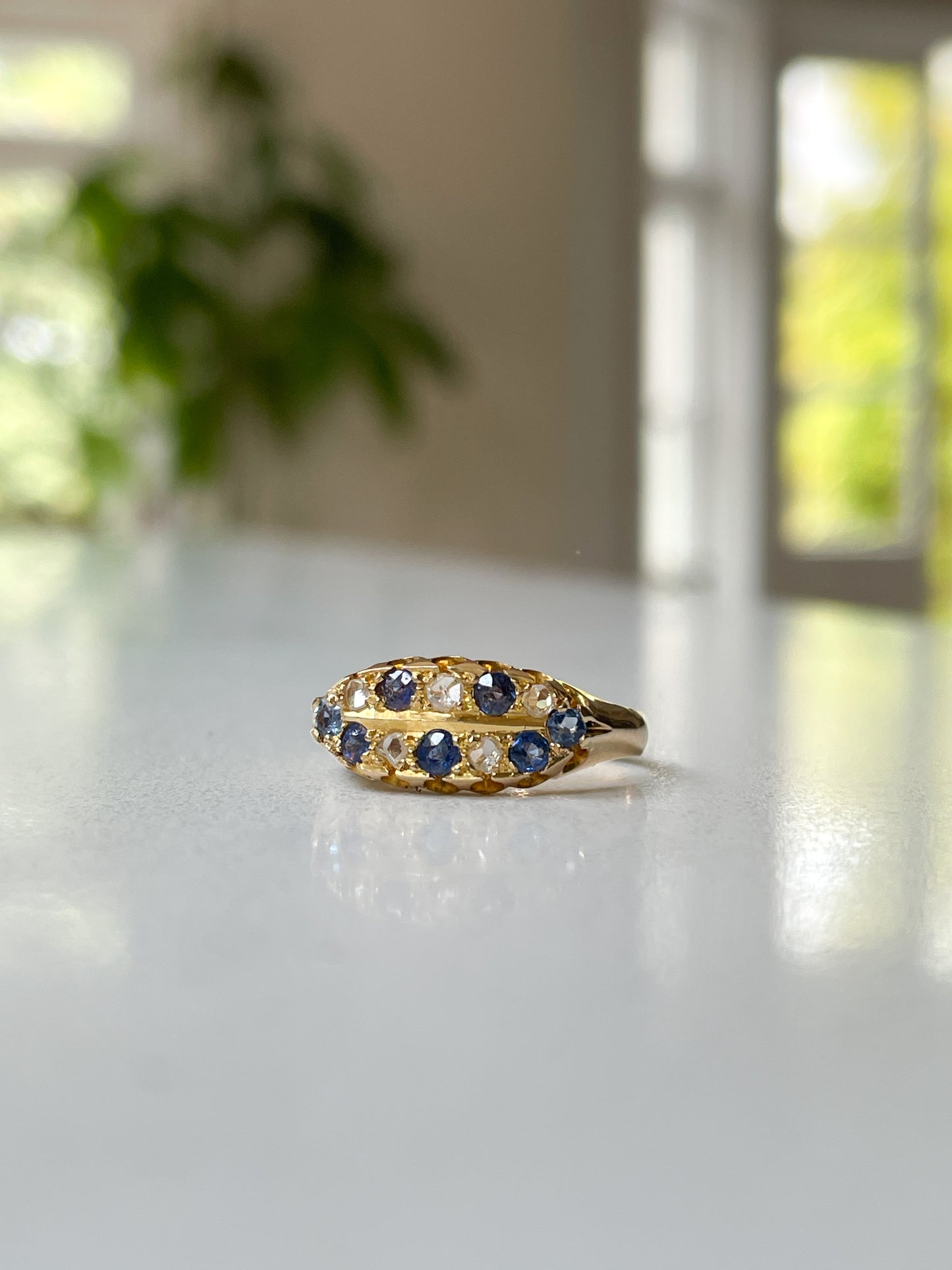 Antique sapphire and diamond double row ring on 18ct gold
