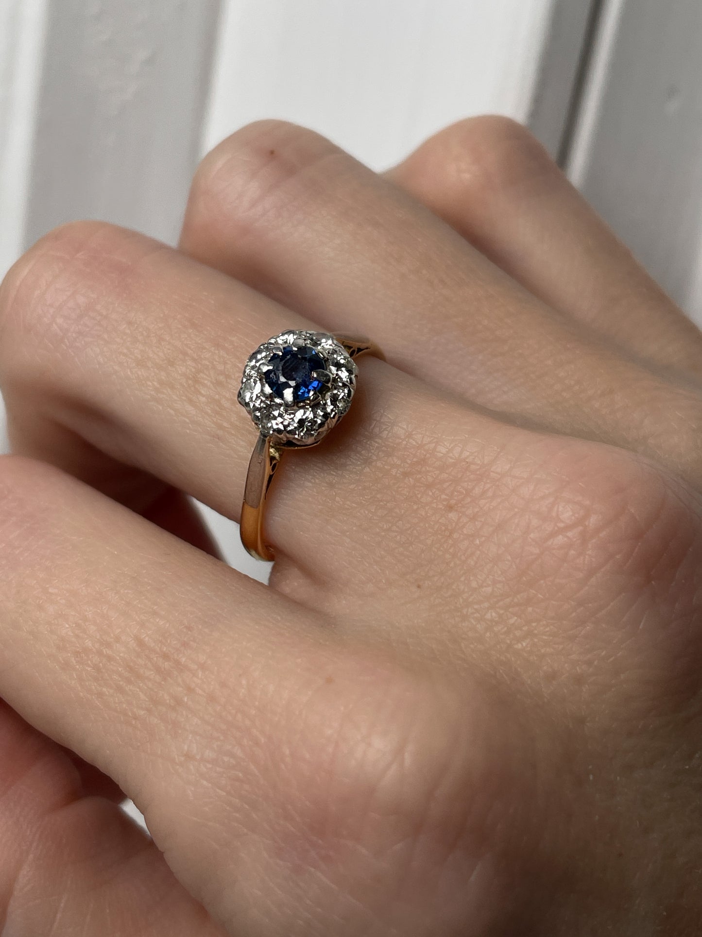 Antique sapphire and diamond halo cluster ring on 18ct gold