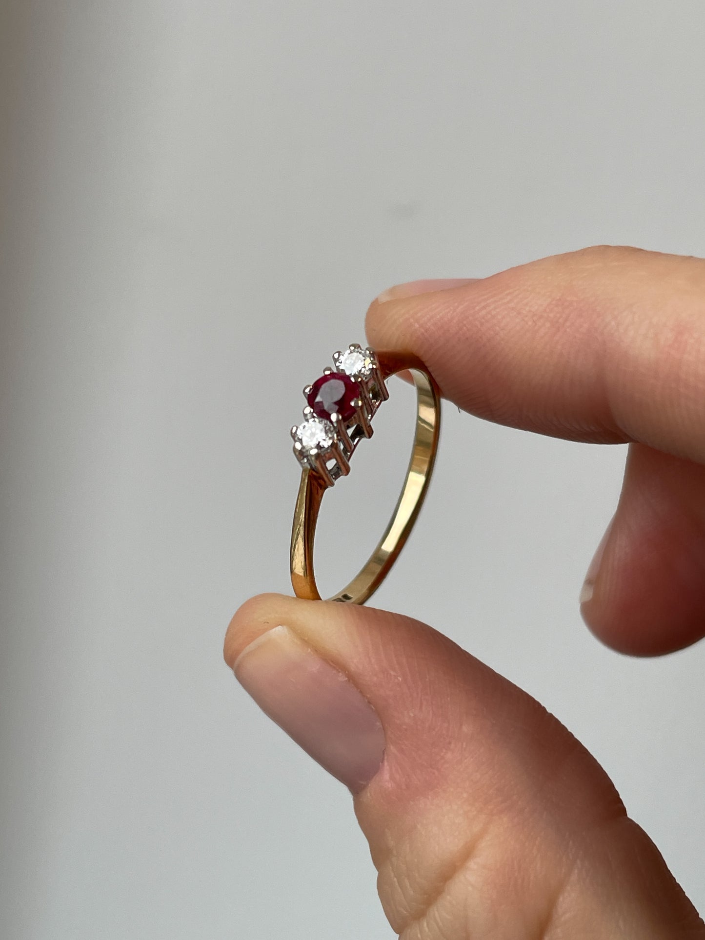 Vintage ruby and diamond trilogy ring on 9ct gold