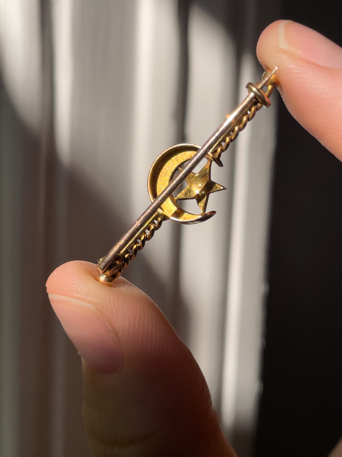 Antique seed pearl star and crescent moon brooch on 15ct gold