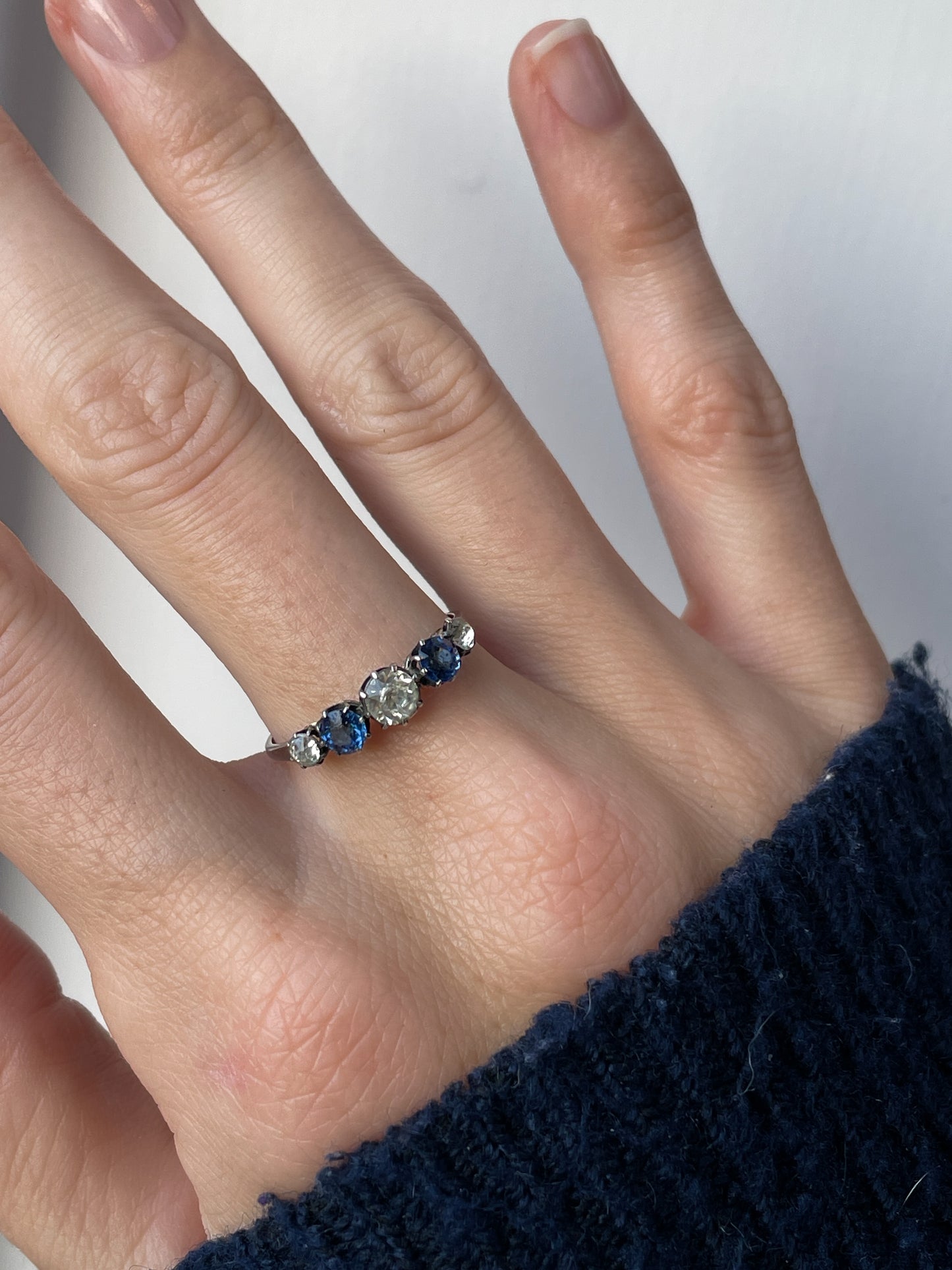 Antique blue and white paste ring on 9ct white gold
