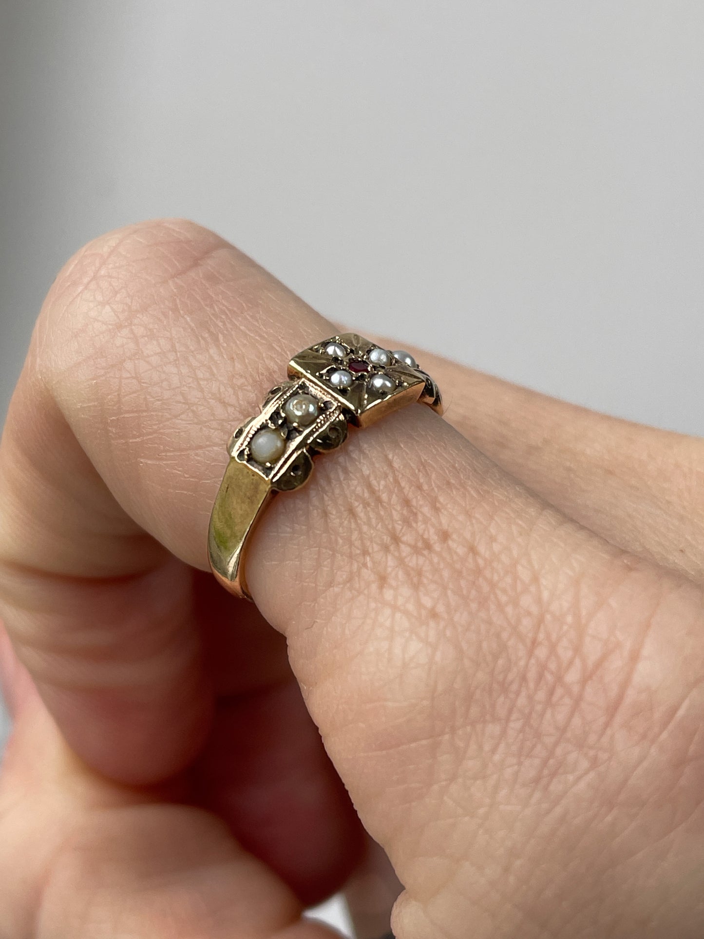 1970s seed pearl and garnet cross ring