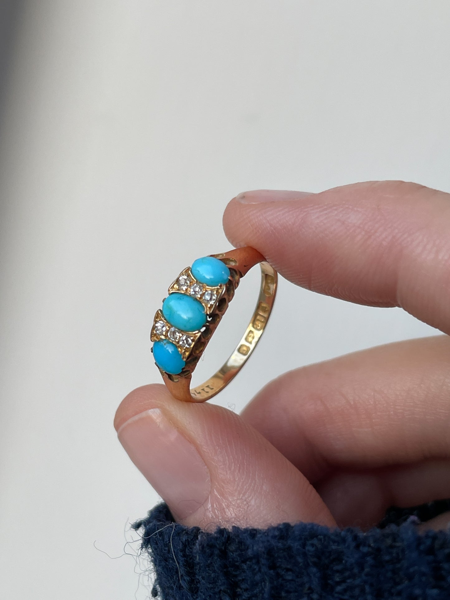 Antique 18ct gold turquoise and diamond boat ring