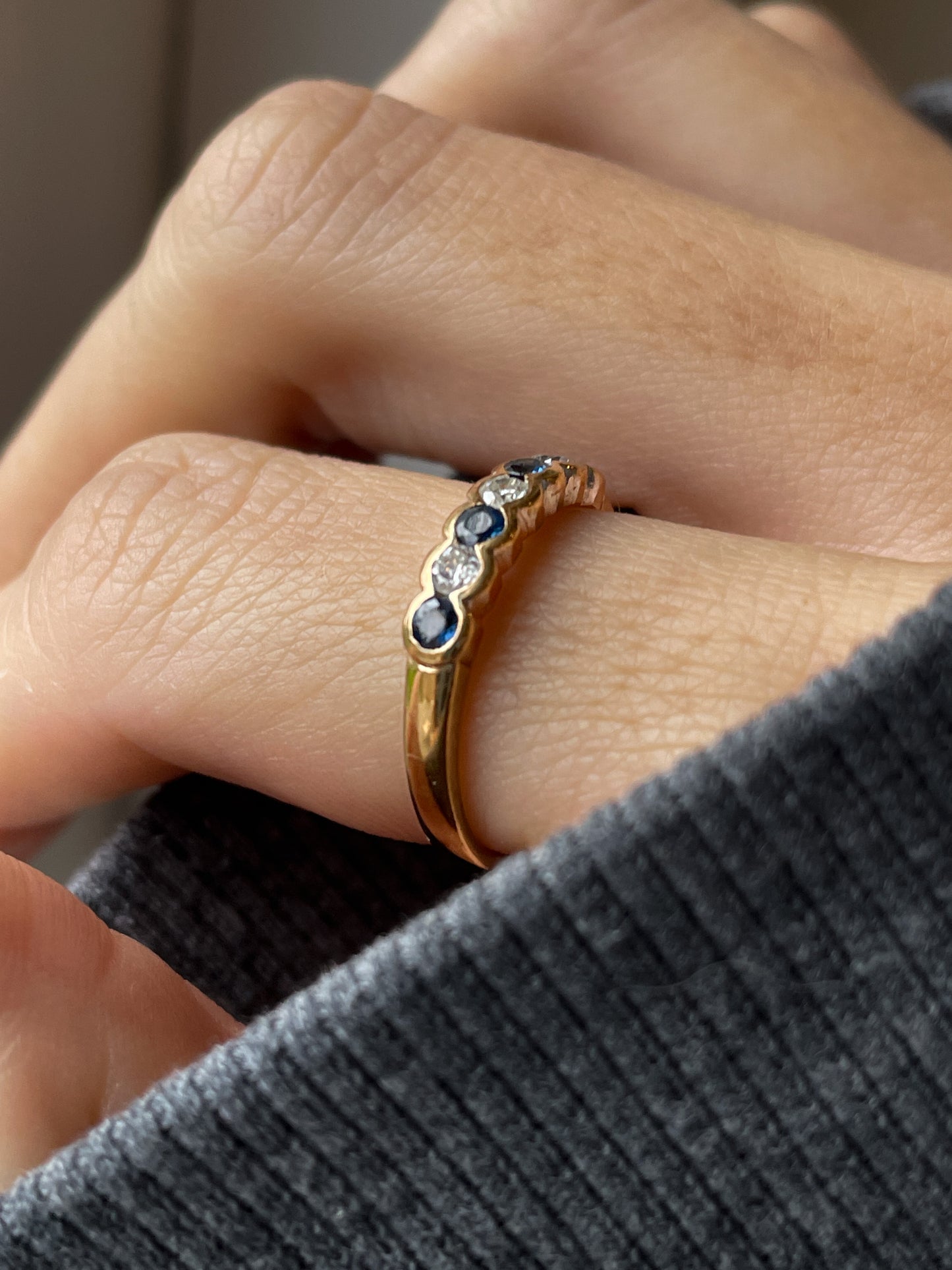 Vintage sapphire and diamond half eternity ring on 9ct gold