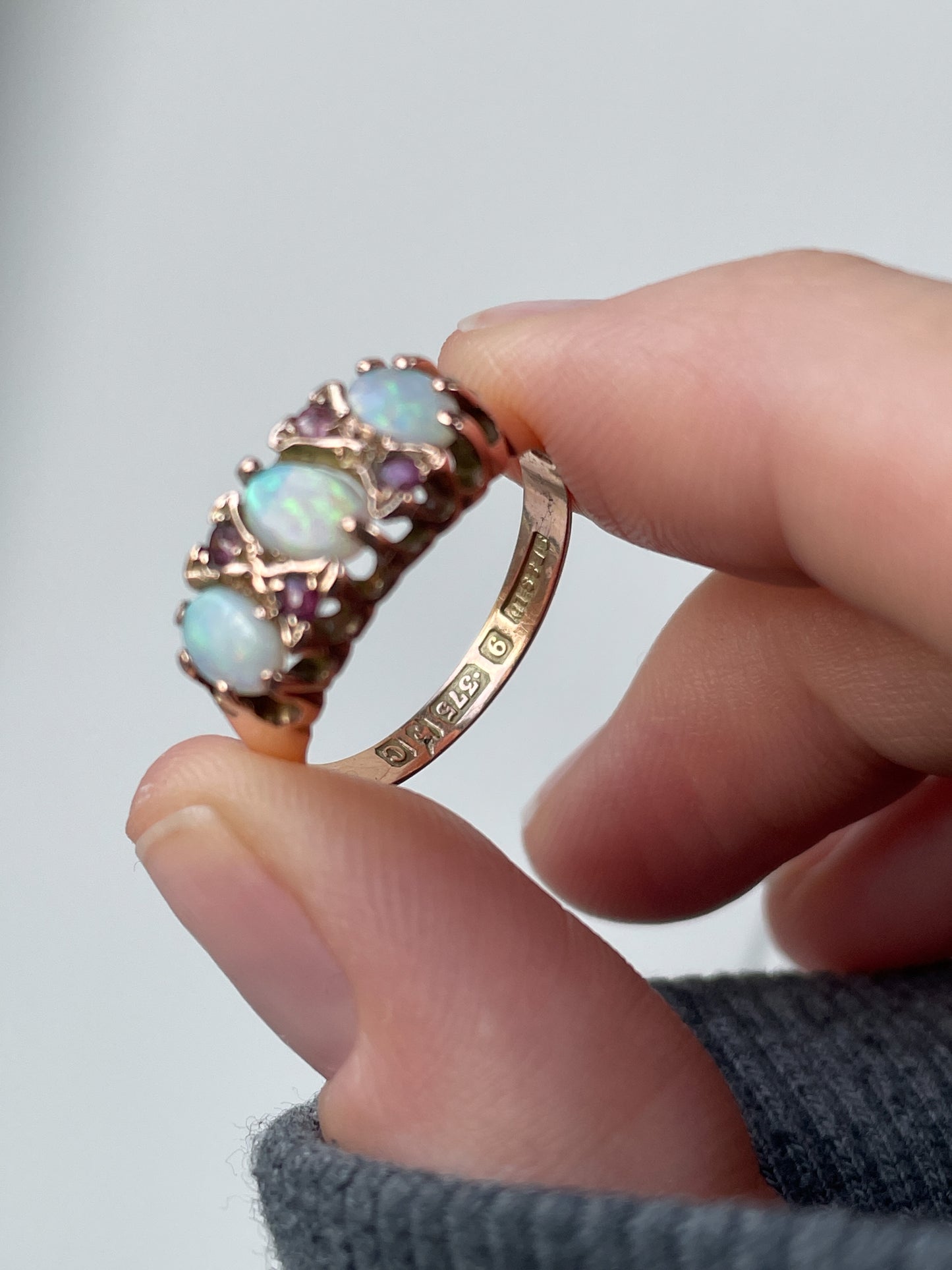 Antique opal and ruby boat ring on 9ct gold
