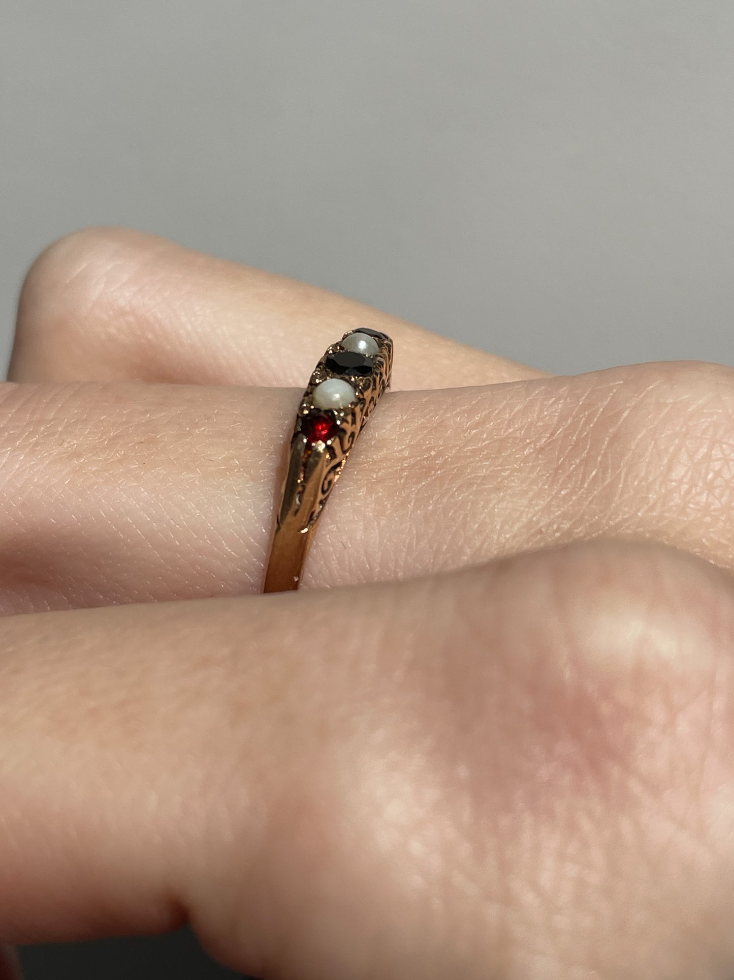 Vintage garnet and seed pearl boat ring on 9ct gold