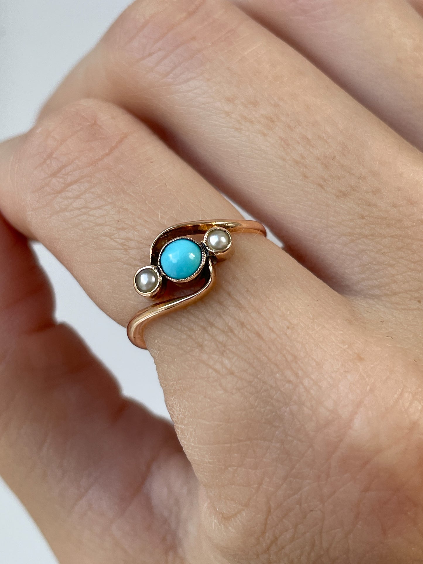 Antique turquoise and pearl bypass ring
