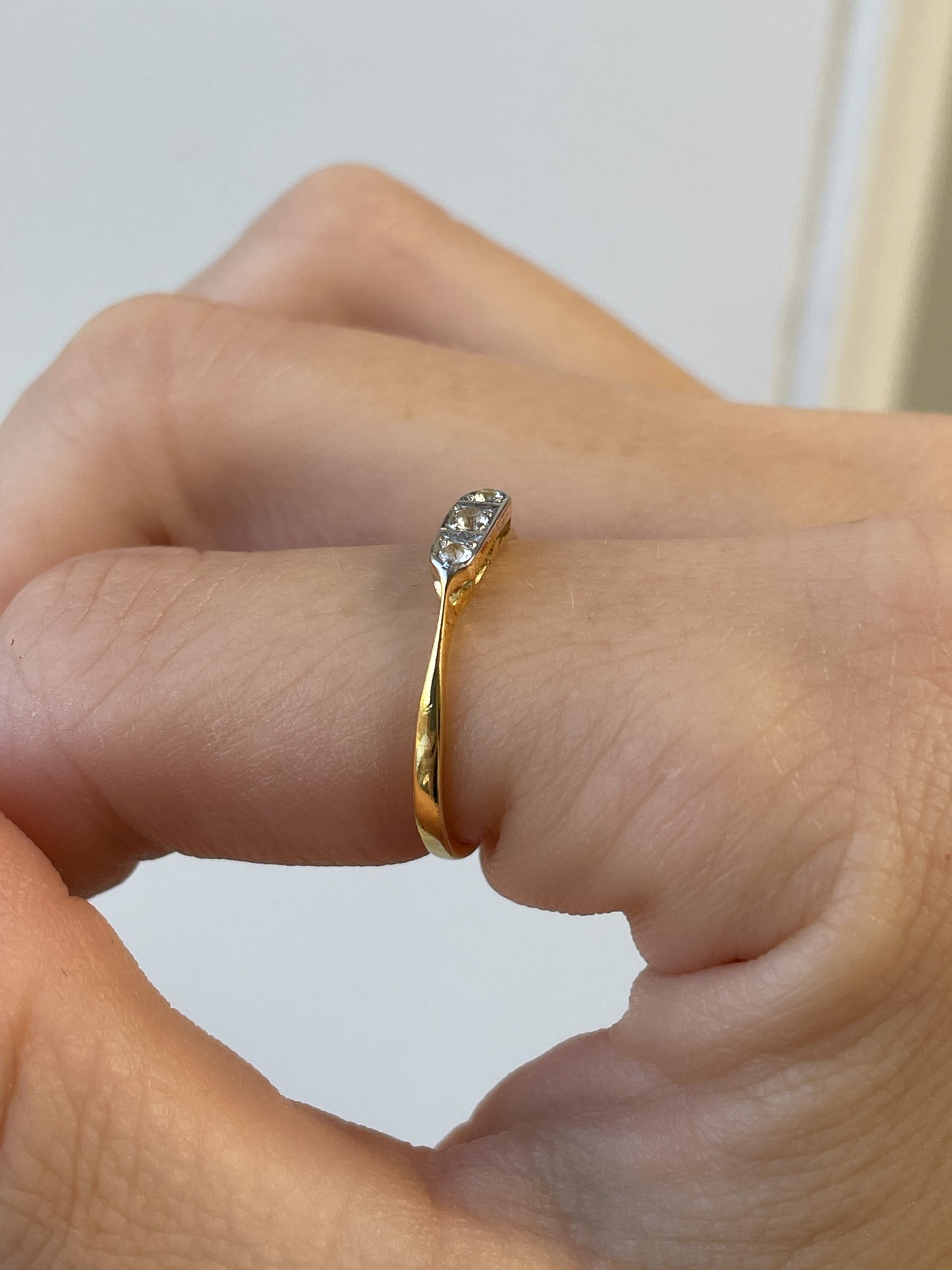 Antique diamond trilogy panel ring on 18ct gold