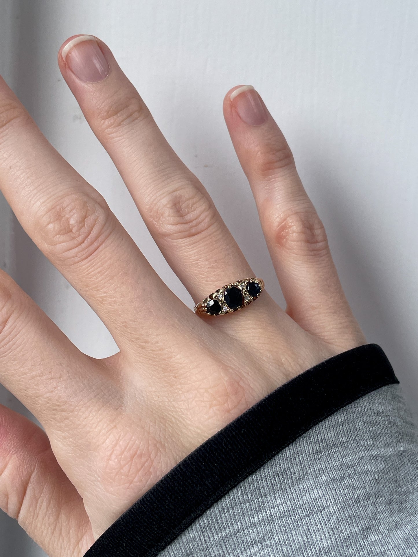 Vintage sapphire and diamond boat ring