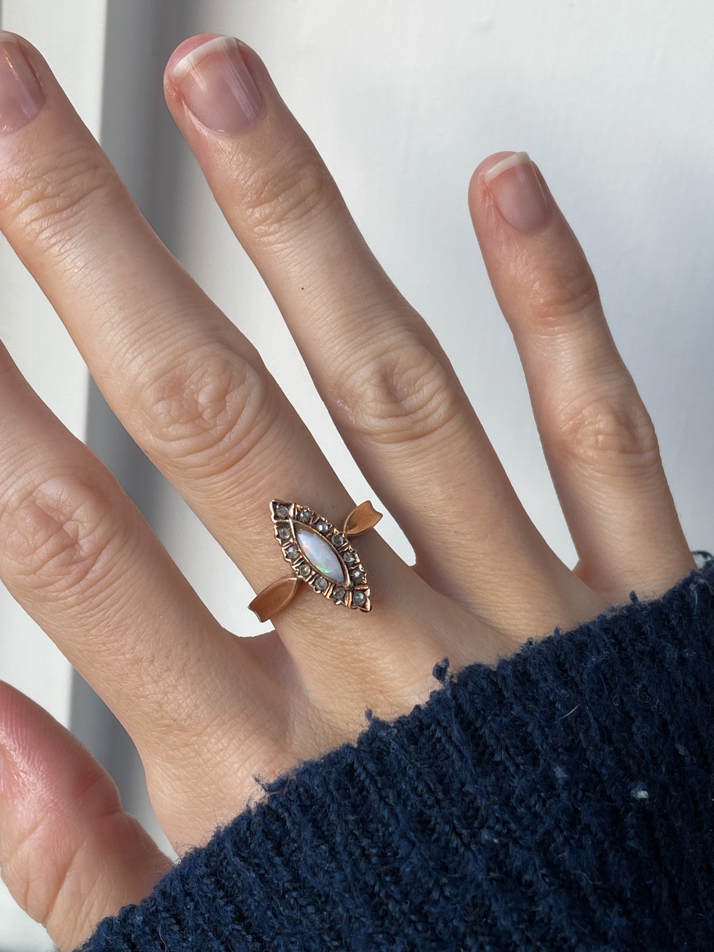 Victorian style vintage opal and diamond navette ring on 14ct gold
