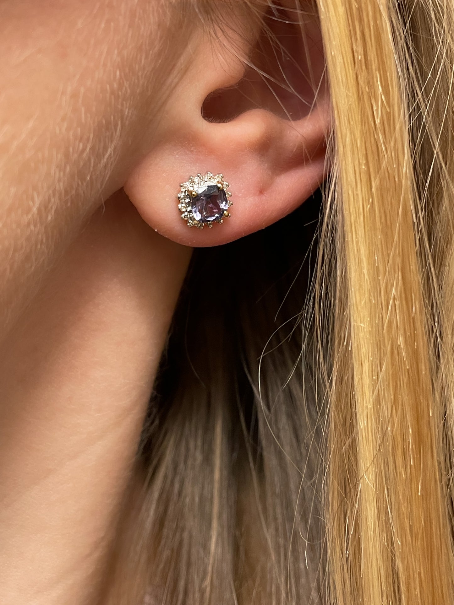 Tanzanite and diamond halo stud earrings on 9ct gold