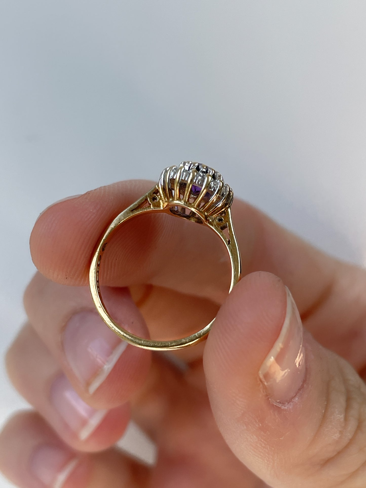Vintage amethyst diamond halo ring on 9ct gold
