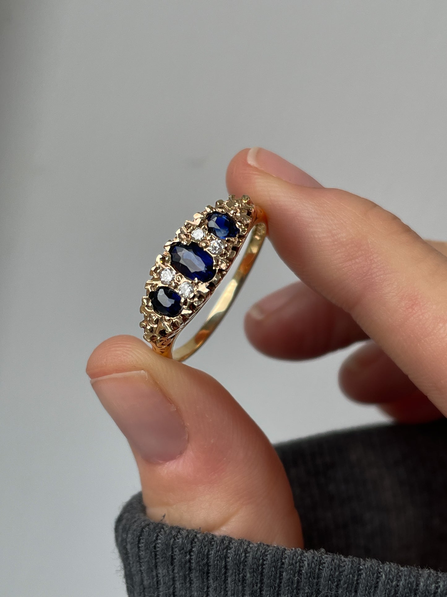 Vintage sapphire and diamond boat ring on 9ct gold