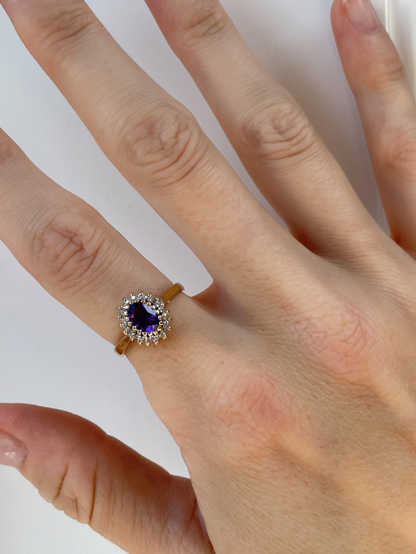 Vintage amethyst diamond halo ring on 9ct gold