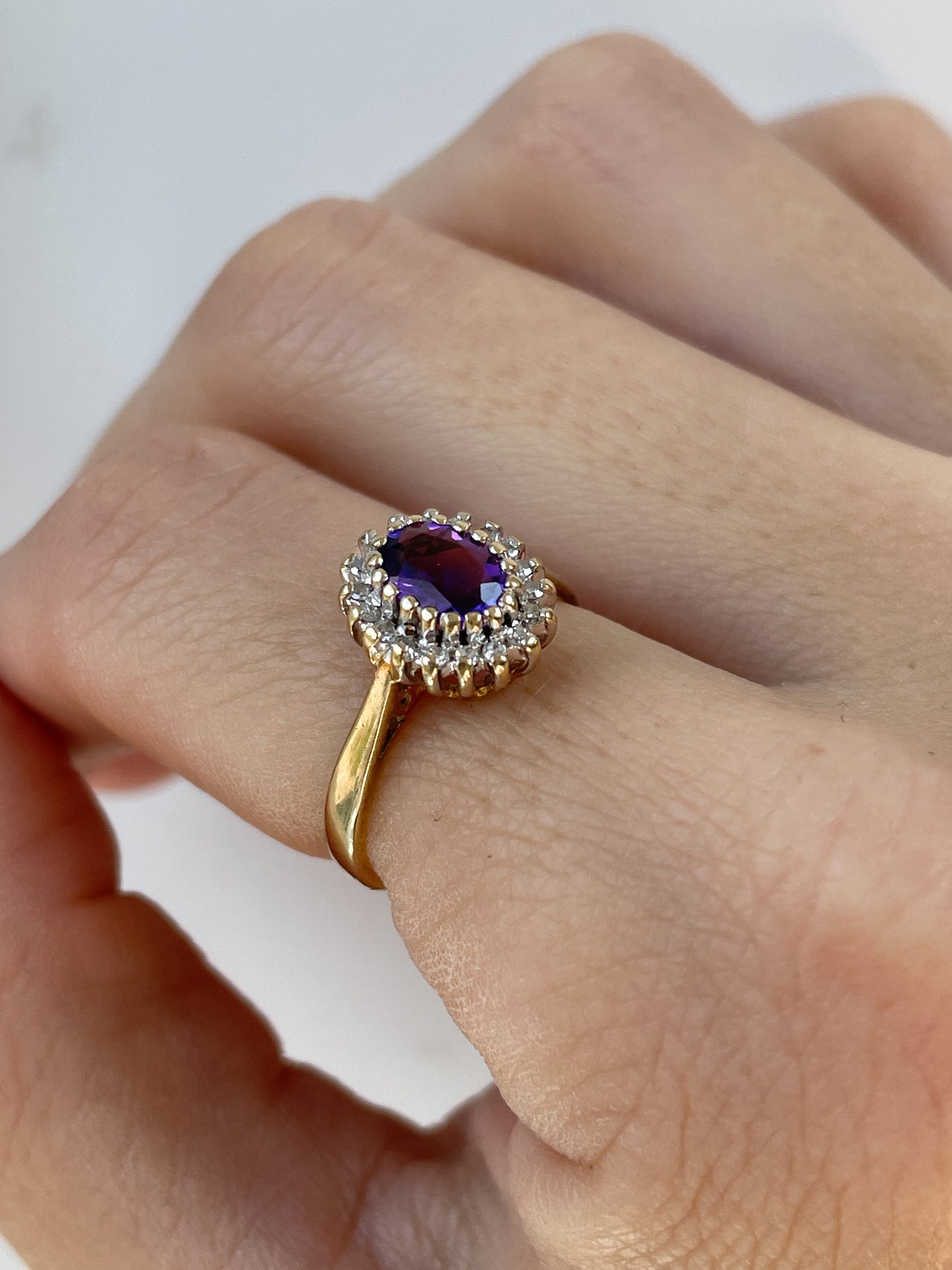 Vintage amethyst diamond halo ring on 9ct gold