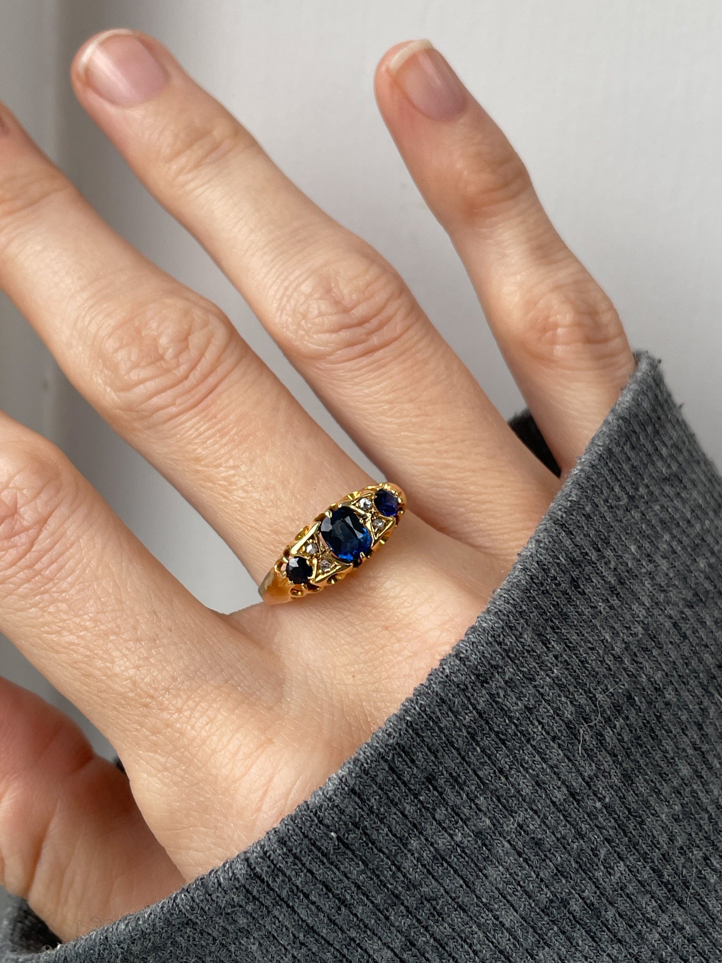 Antique sapphire and diamond boat ring dating to 1911