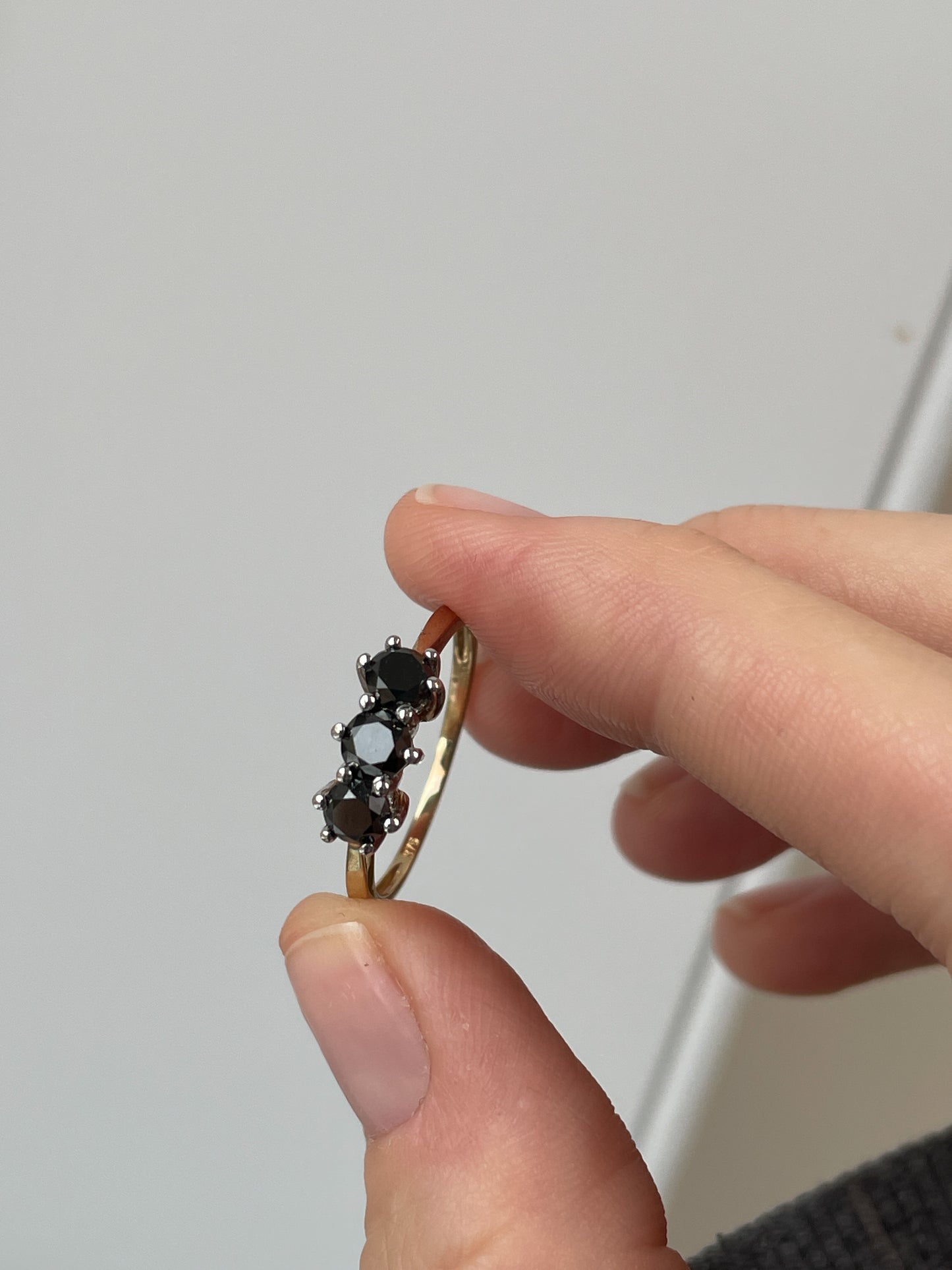 Vintage black diamond trilogy ring on 9ct gold
