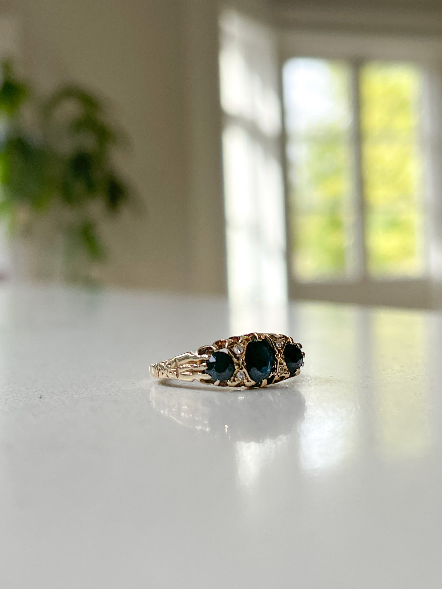Vintage sapphire and diamond boat ring