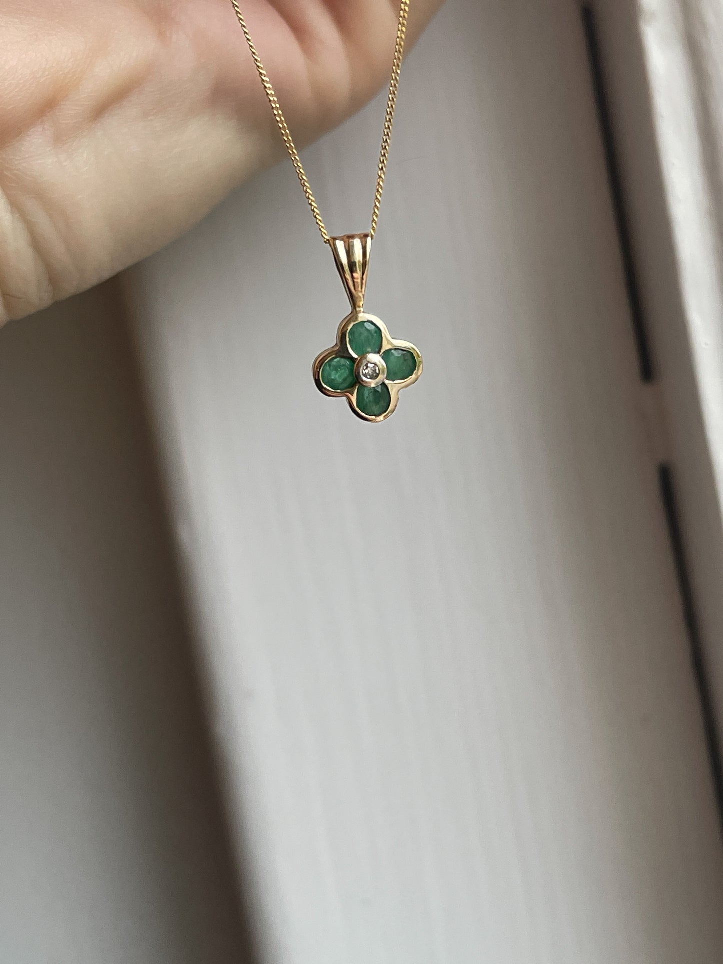 Vintage emerald and diamond clover necklace and chain
