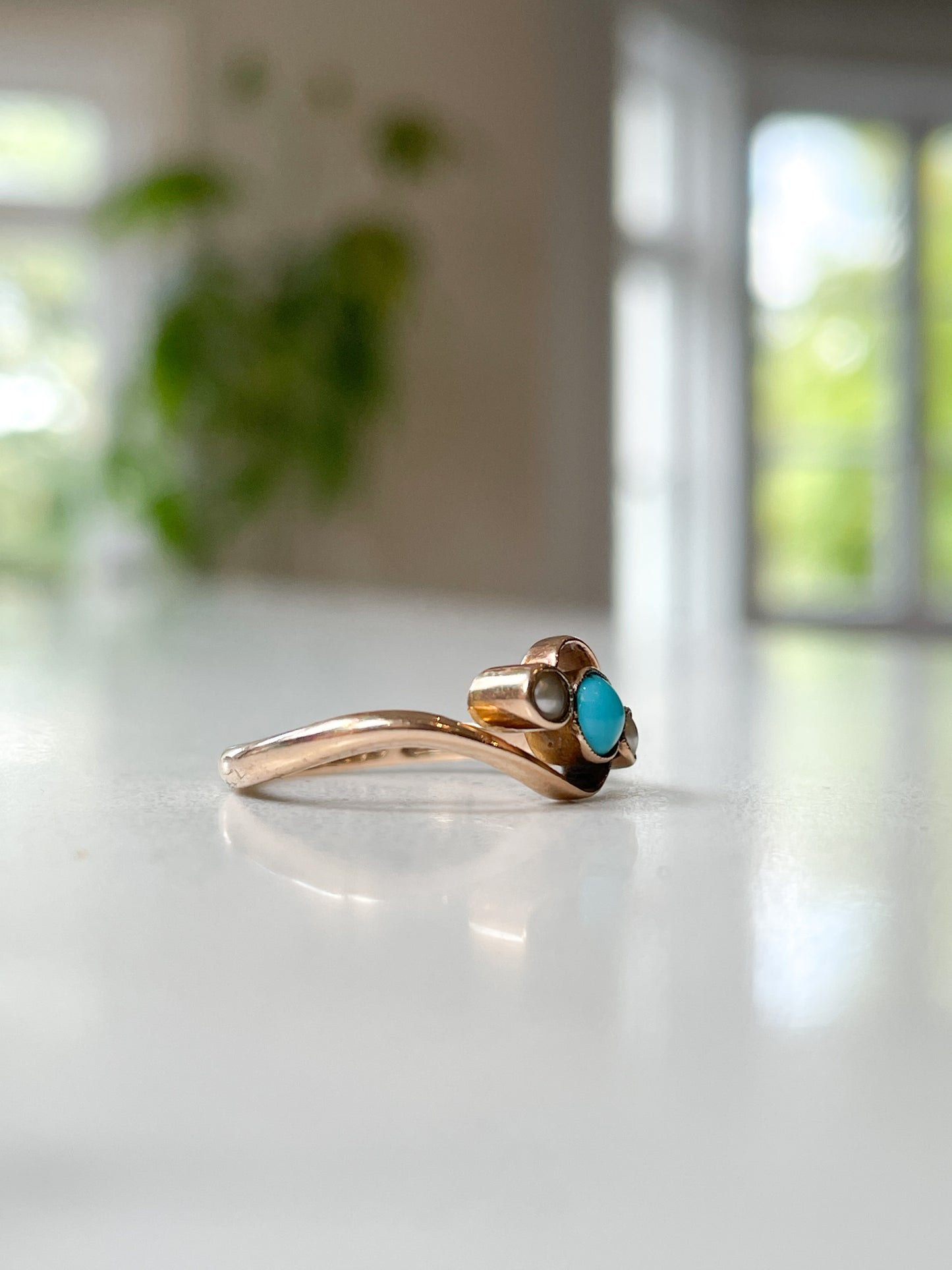 Antique turquoise and pearl bypass ring