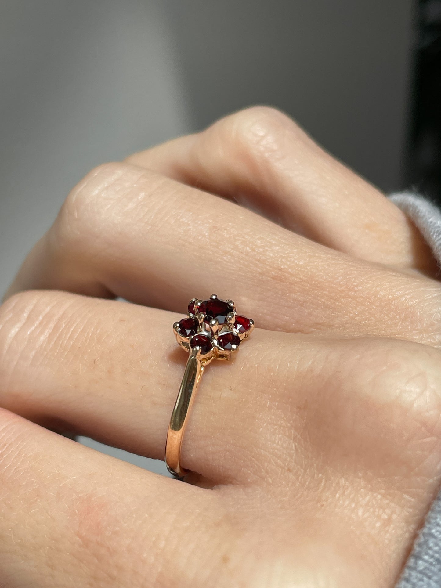 Vintage garnet floral cluster ring from 1974