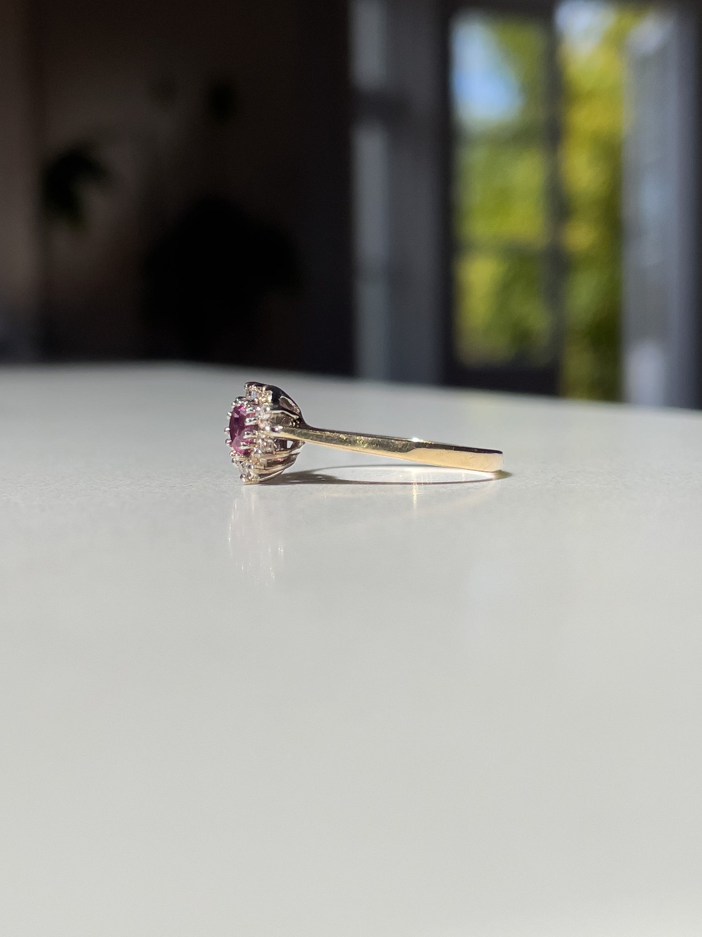 Vintage ruby and diamond heart halo cluster ring on 9ct gold