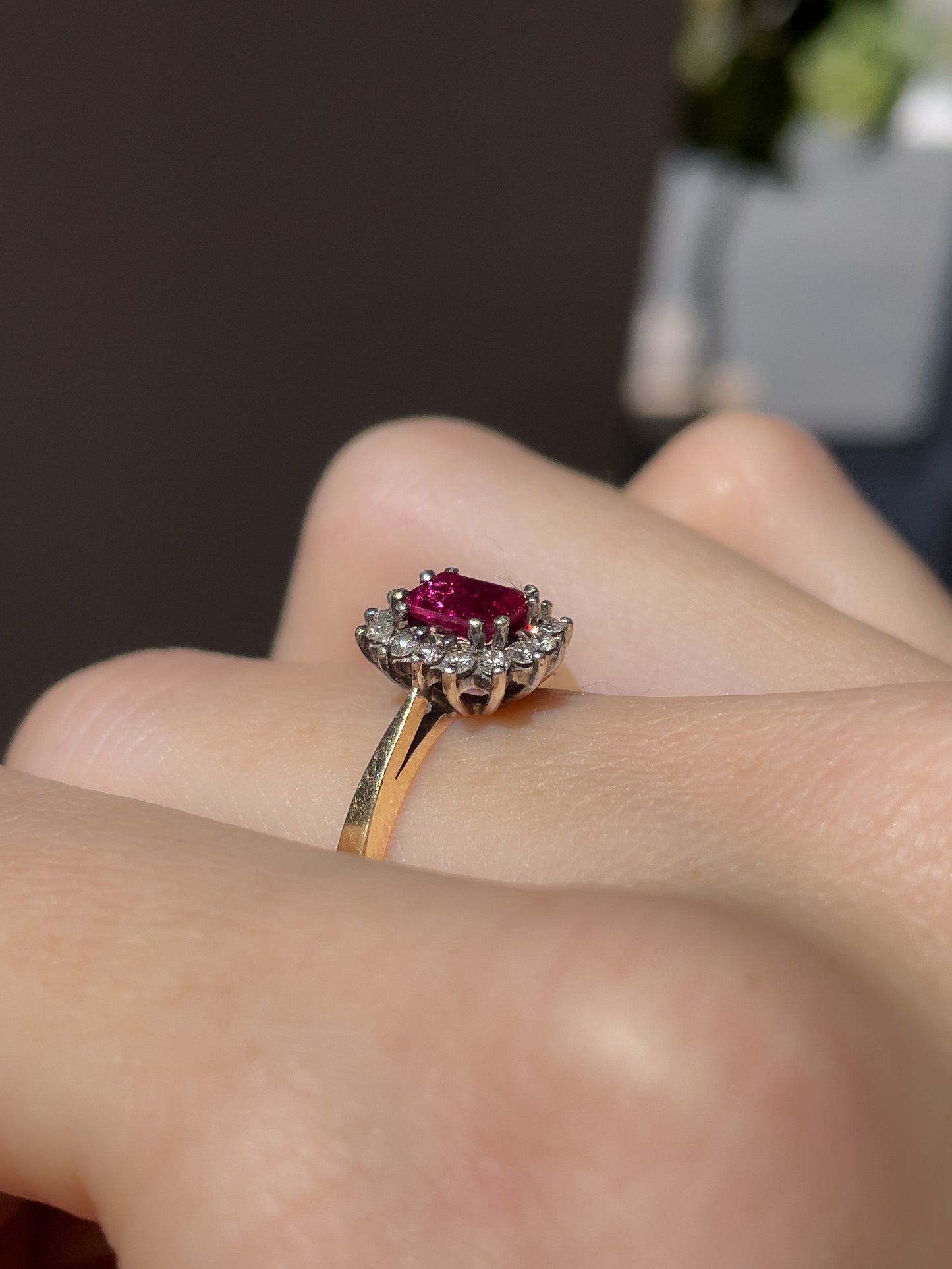Vintage ruby and diamond halo cluster on 9ct gold