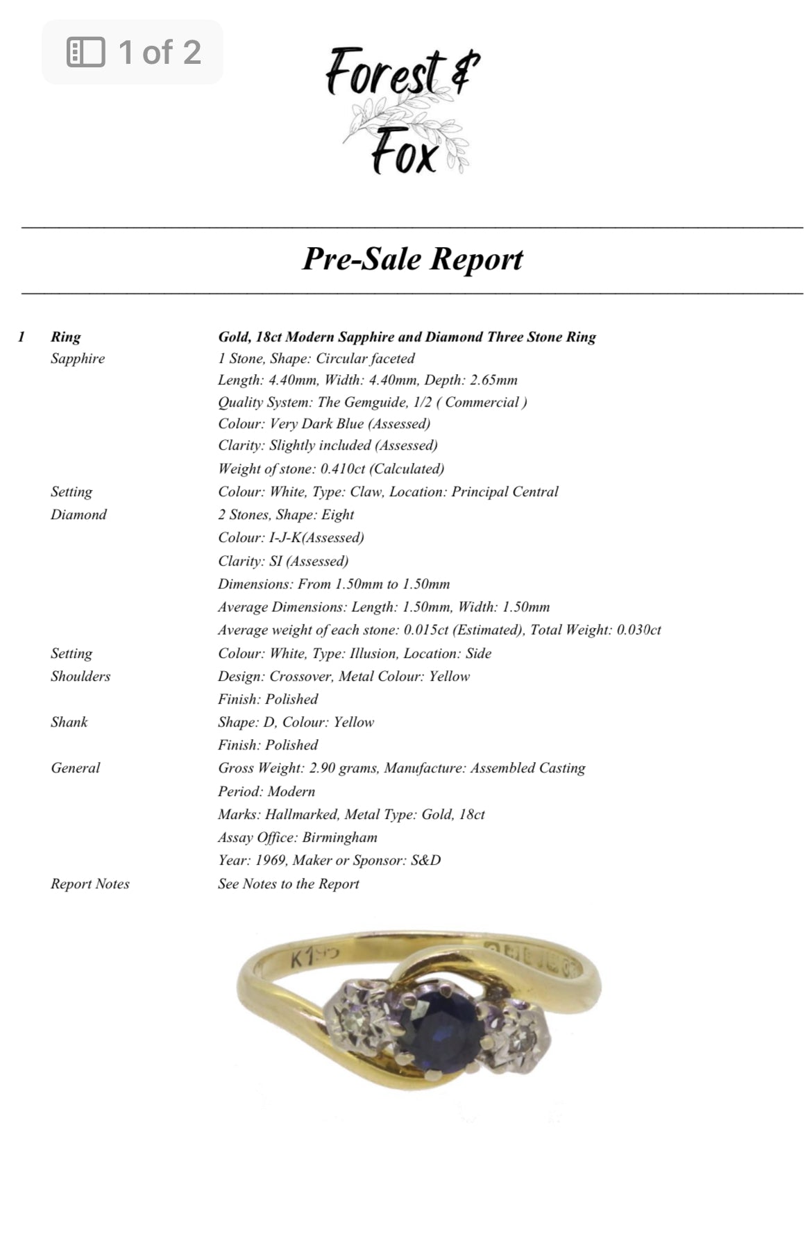 Vintage 18ct gold sapphire and diamond trilogy ring from 1969