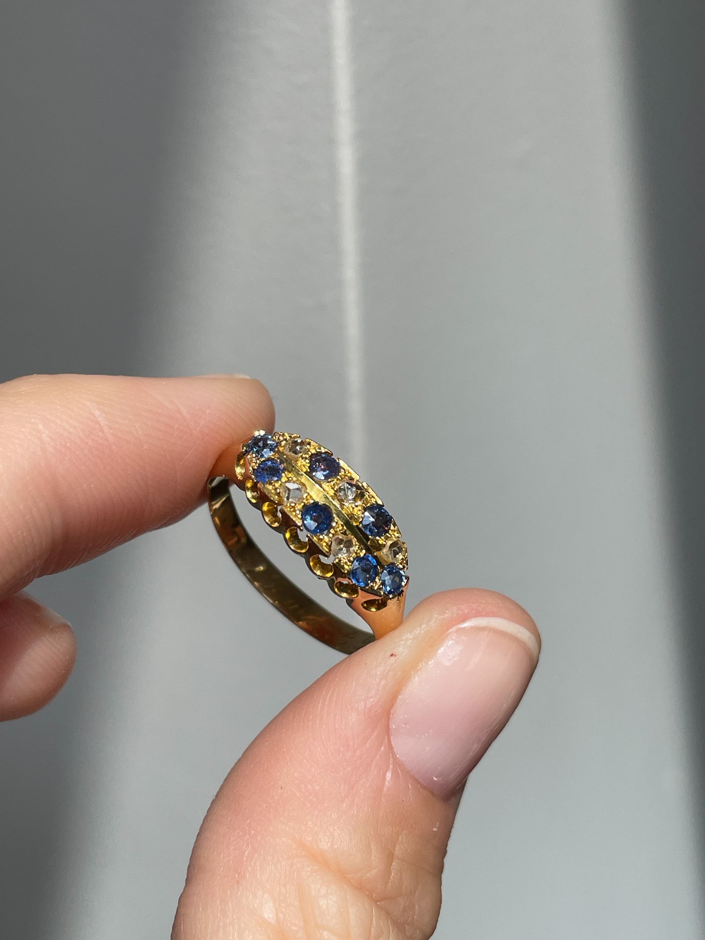 Antique sapphire and diamond double row ring on 18ct gold