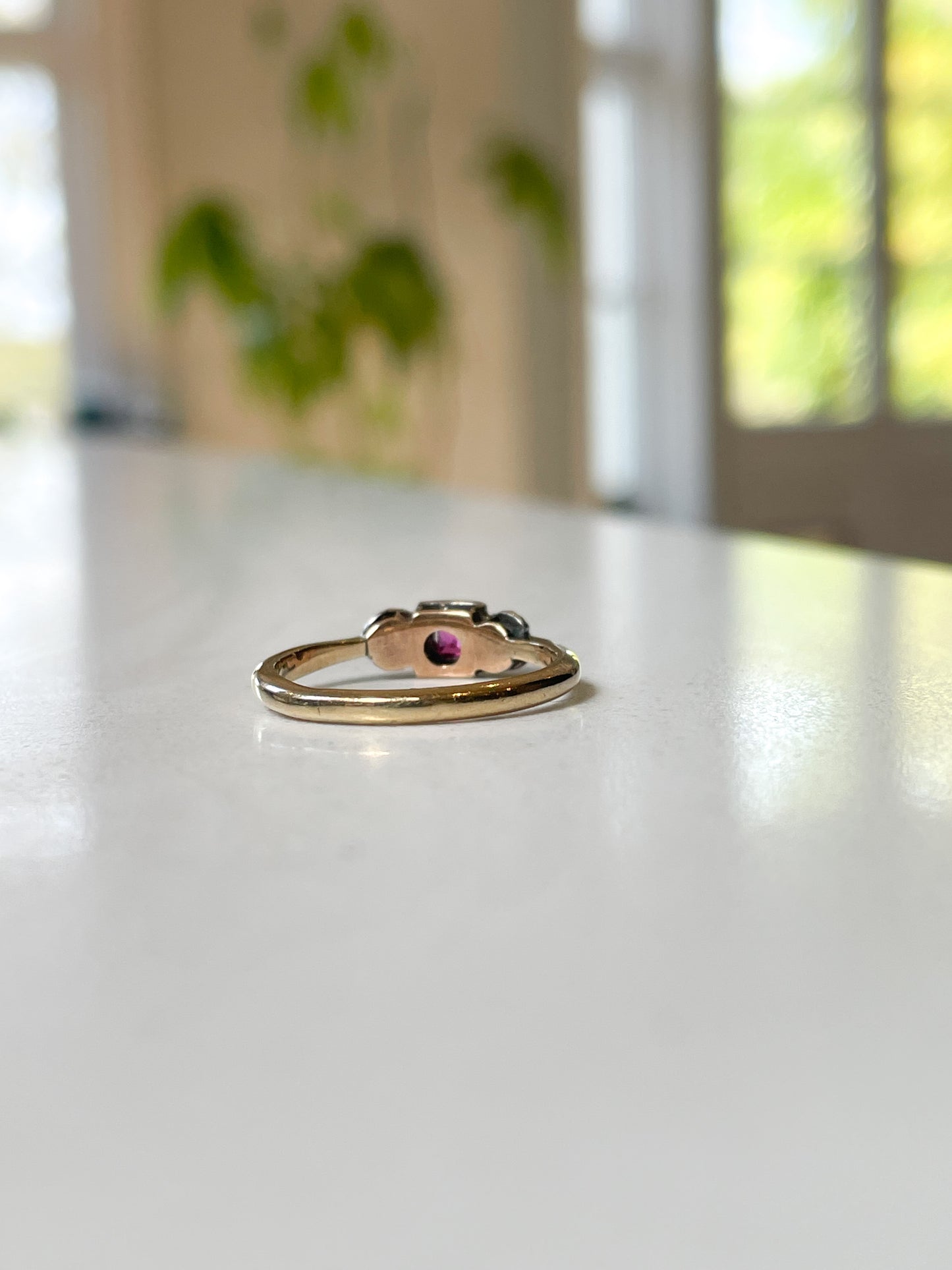1920s created ruby and diamond trilogy ring on 9ct gold