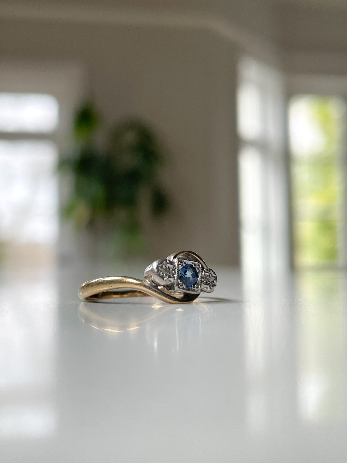 Antique diamond and sapphire trilogy ring