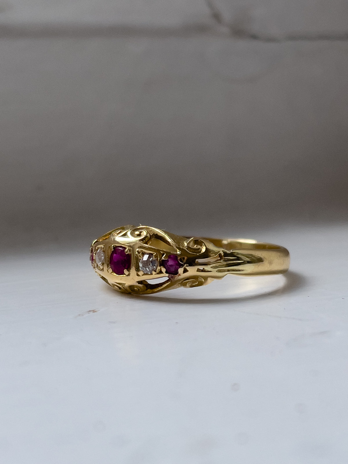Antique ruby and diamond boat ring on 18ct gold