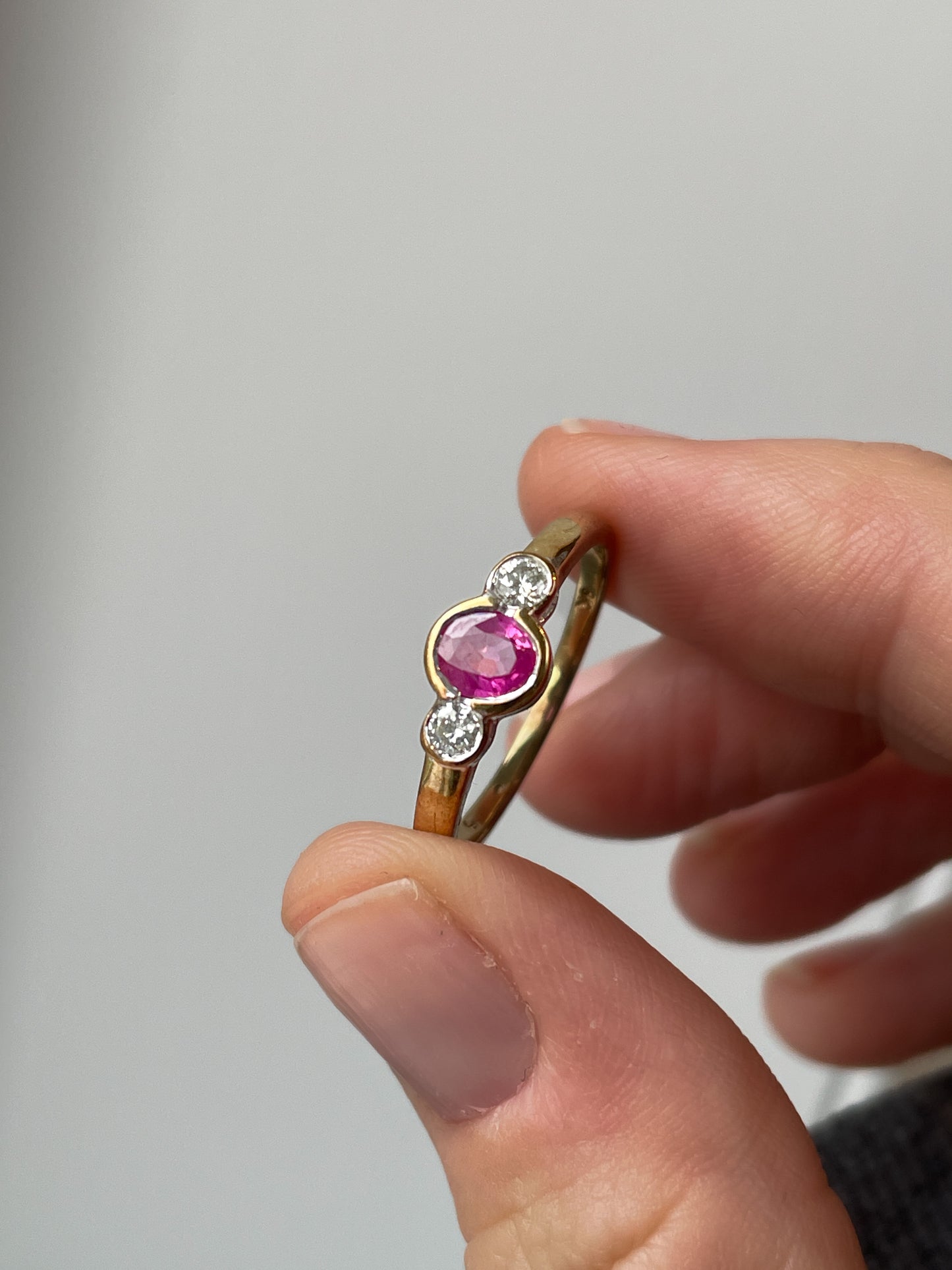 Vintage ruby and diamond trilogy ring on 9ct gold