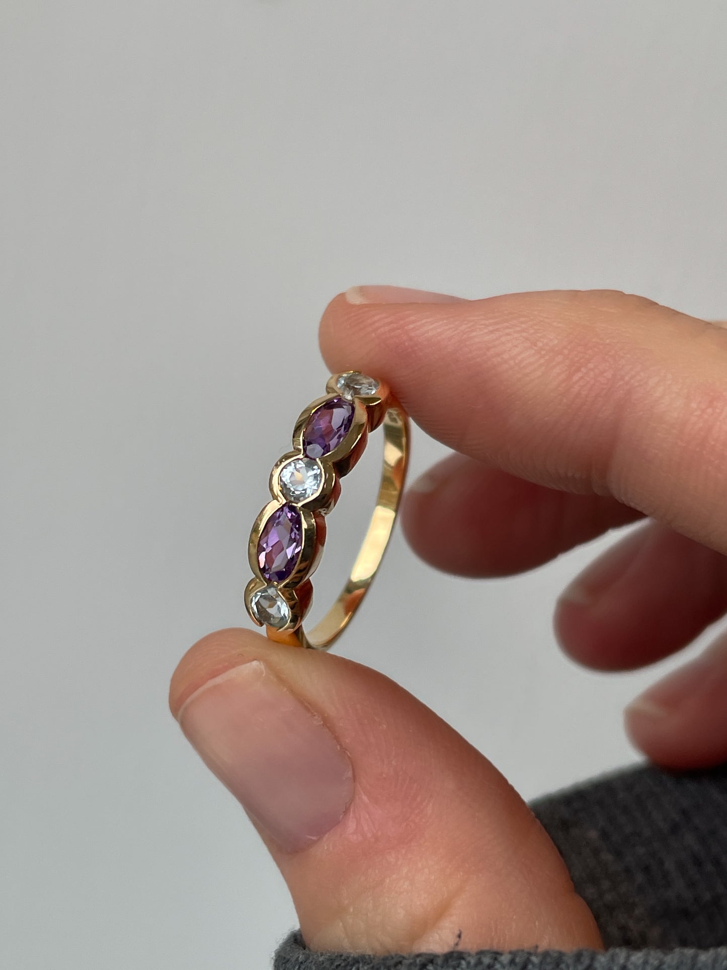 Amethyst and topaz ring on 9ct gold