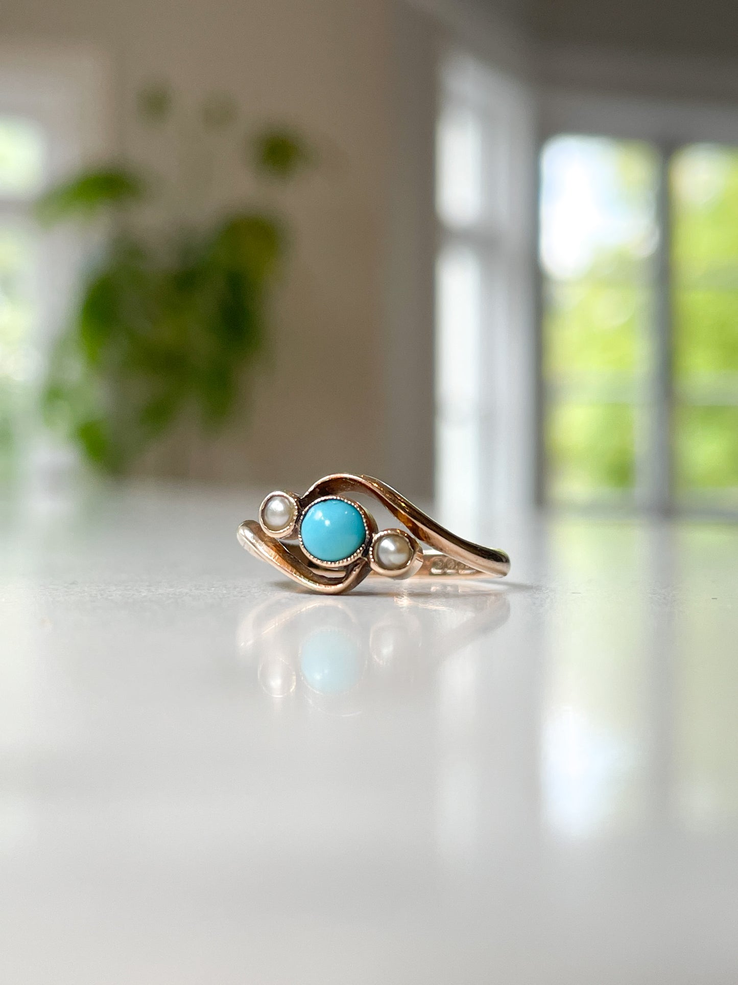 Antique turquoise and pearl bypass ring