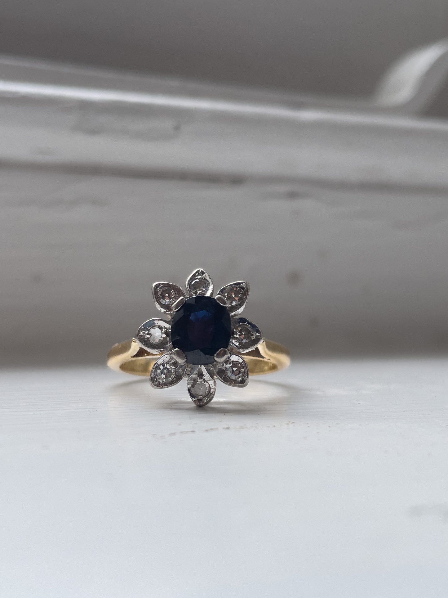 Vintage sapphire and diamond floral cluster ring on 18ct gold