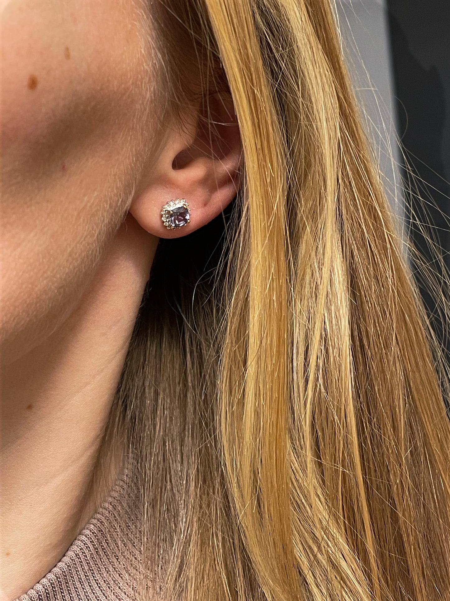 Tanzanite and diamond halo stud earrings on 9ct gold