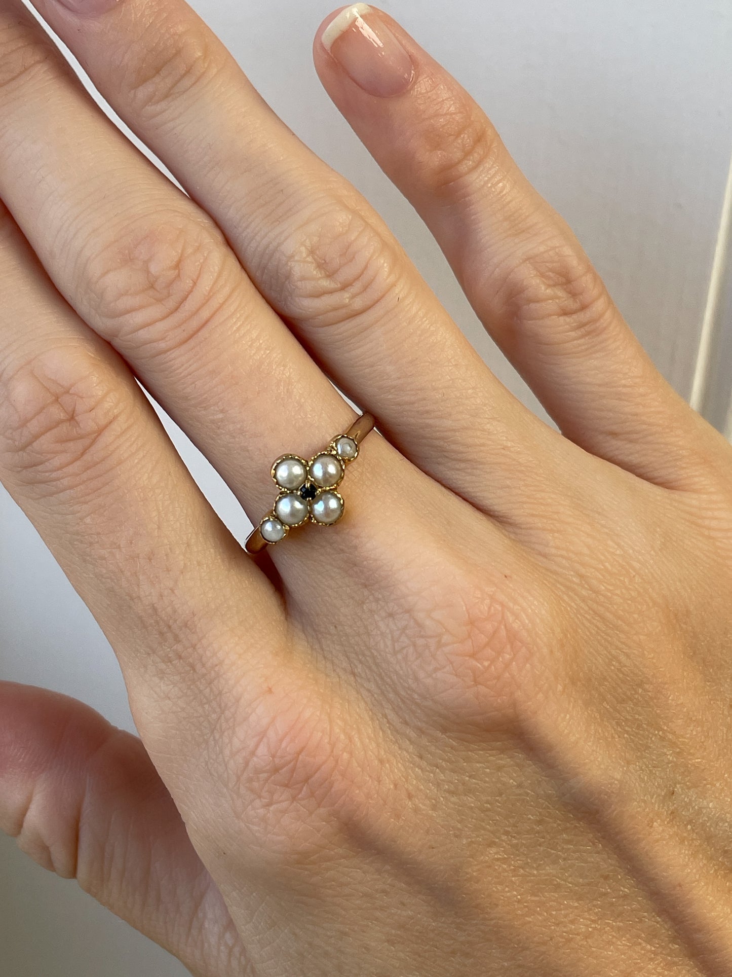 Vintage cultured pearl and sapphire cross shaped ring on 9ct gold
