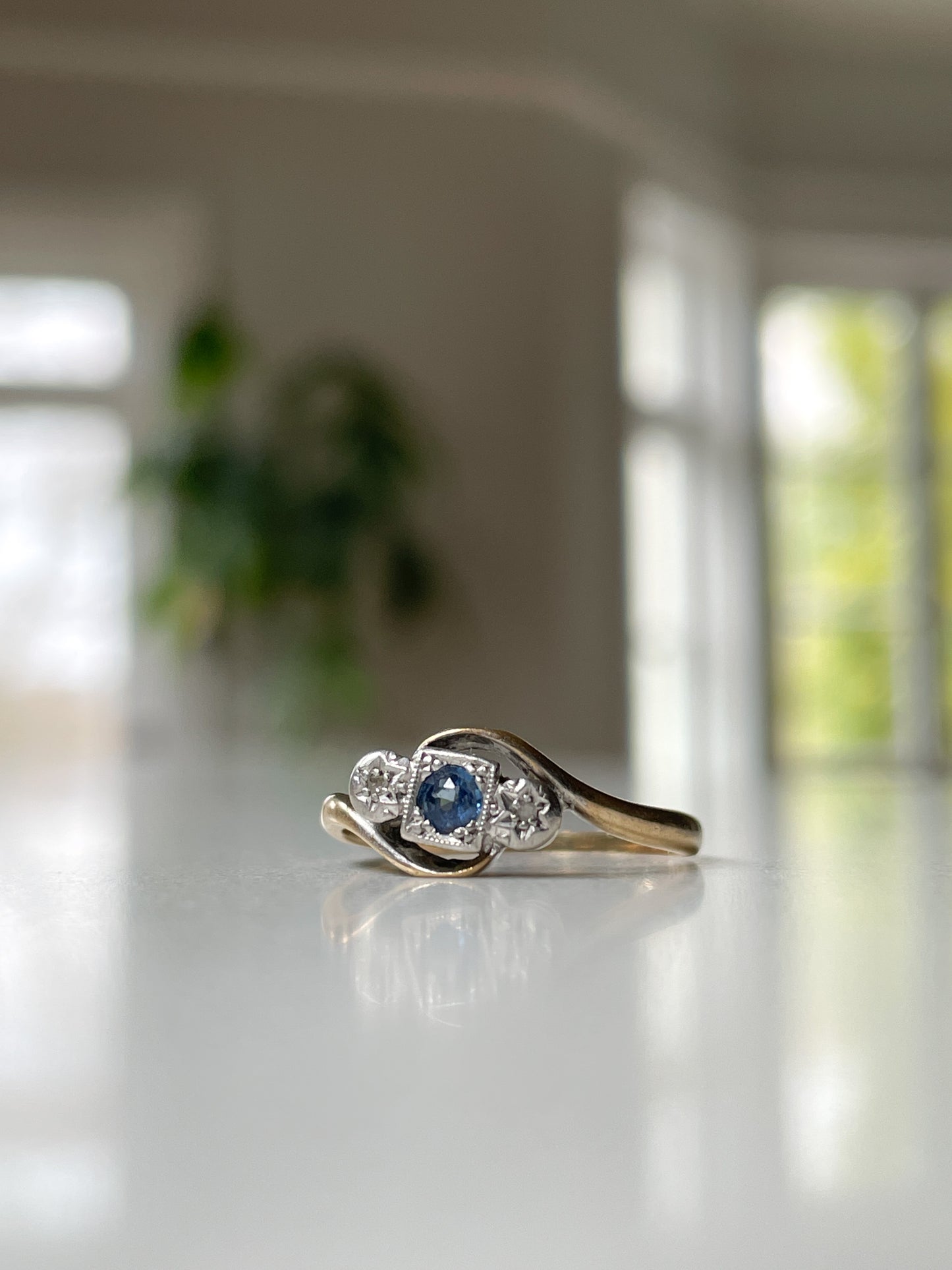Antique diamond and sapphire trilogy ring