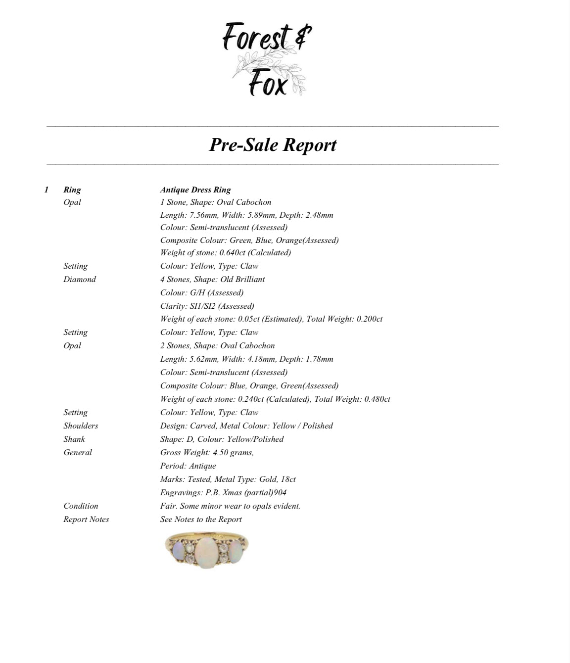 Antique opal and diamond ring with personal inscription from 1904