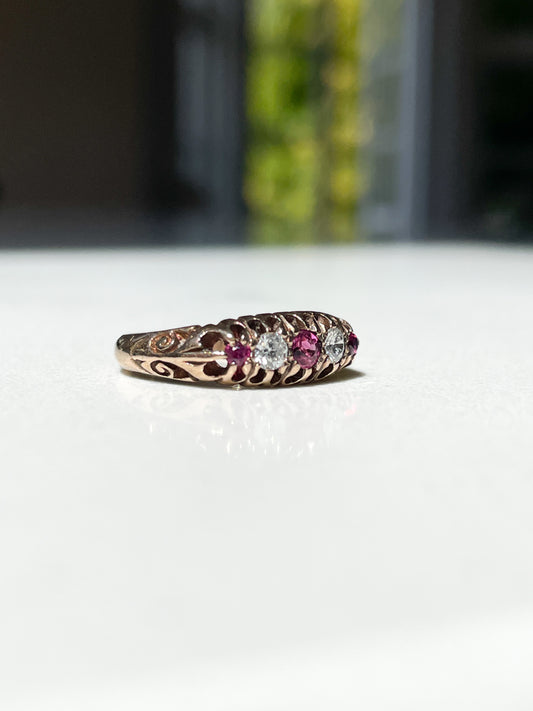Vintage 9ct gold ruby and diamond boat style ring