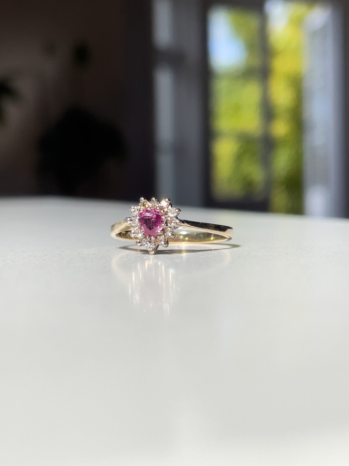 Vintage ruby and diamond heart halo cluster ring on 9ct gold