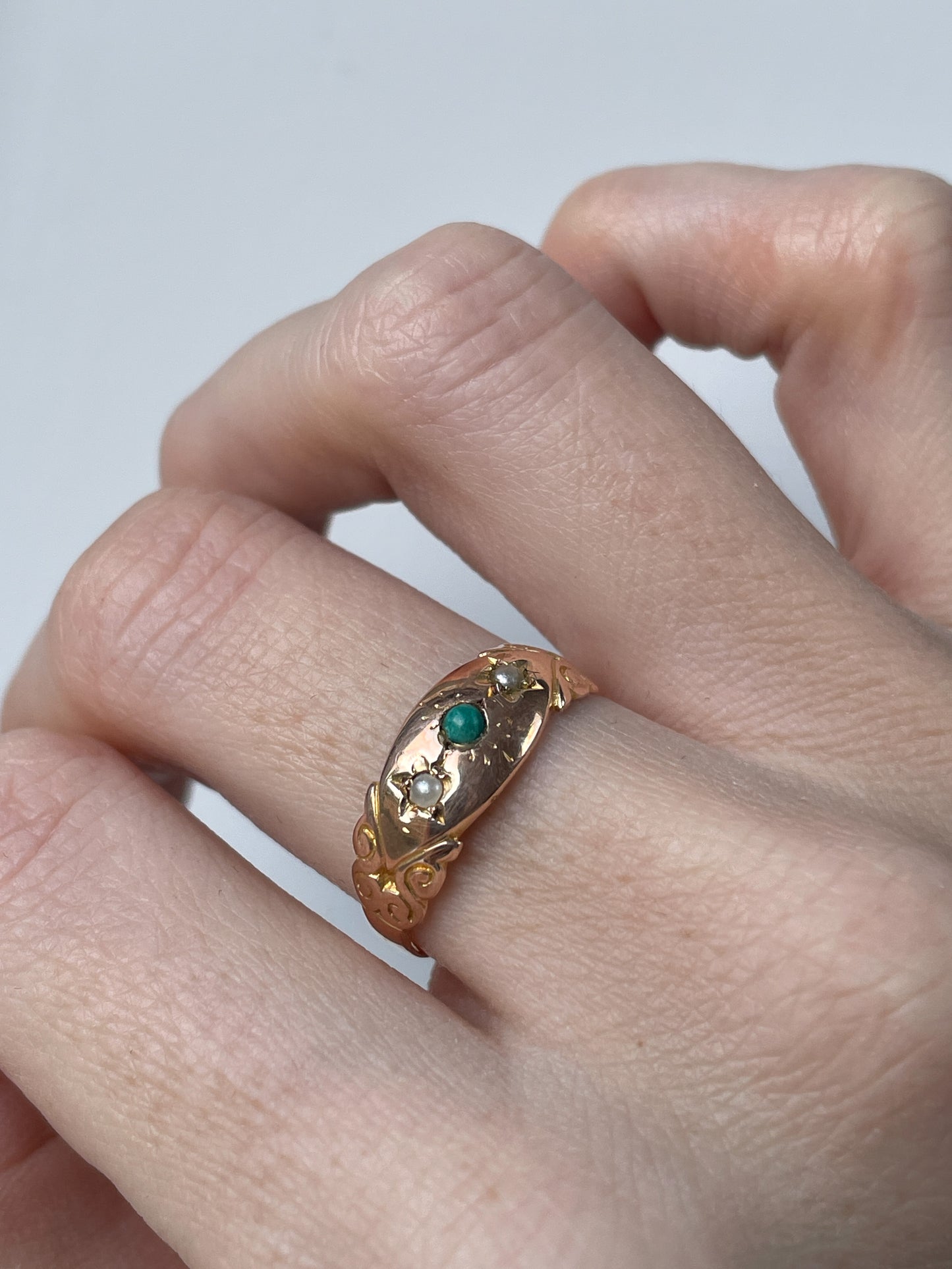 Victorian turquoise and seed pearl rose gold ring from 1896