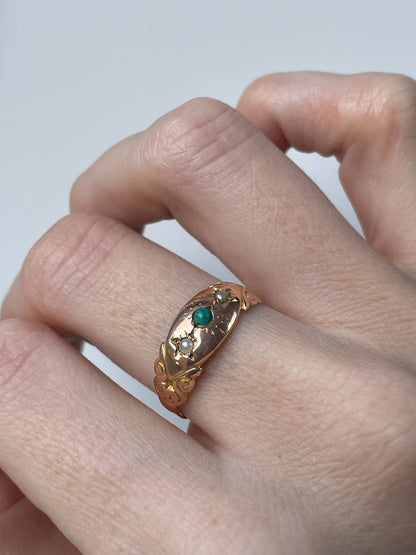 Victorian turquoise and seed pearl rose gold ring from 1896