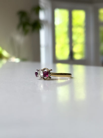 Vintage 1970s ruby and diamond trilogy ring on 18ct gold