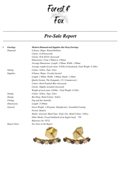 Vintage French sapphire and diamond half hoop earrings on 18ct gold