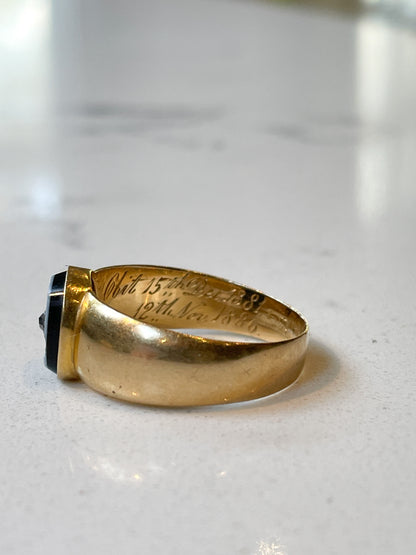 Victorian memorial ring with diamond and sardonyx on 18ct gold