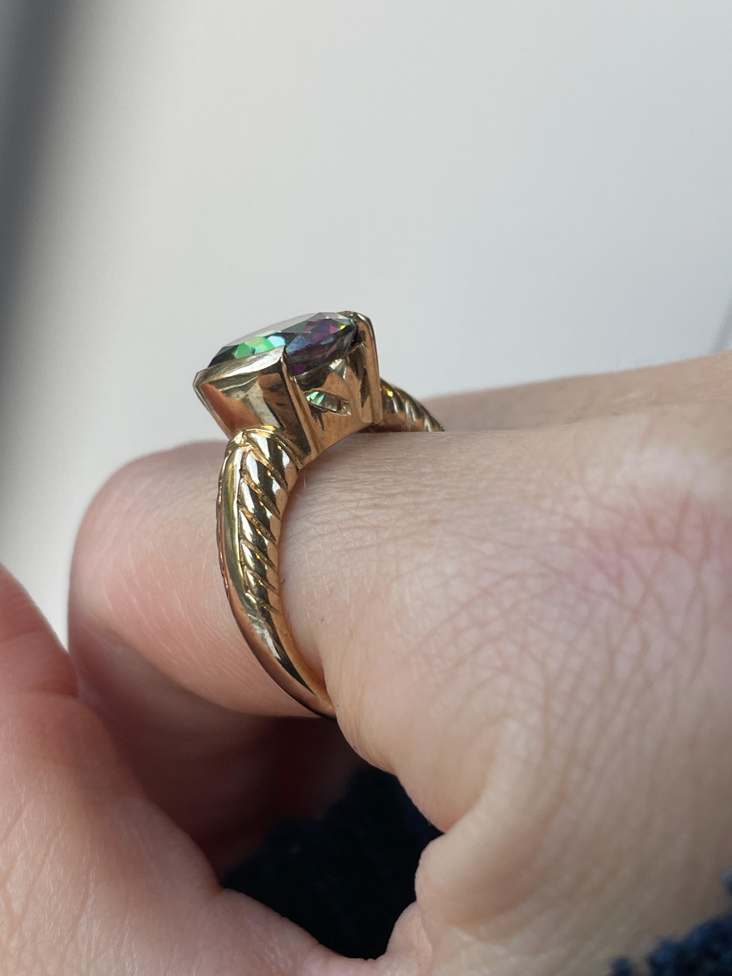 Chunky mystic topaz ring on 9ct gold